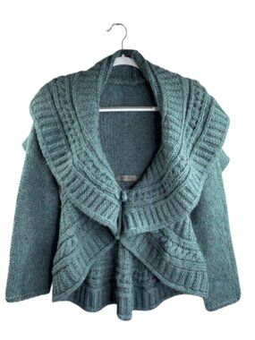 Elsamanda Shawl Collared Tie Front Rounded Hem Cardigan Sweater Size M Aqua